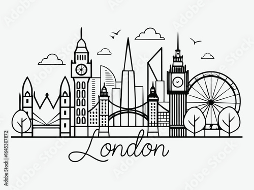 One line style London city skyline. Simple modern minimalistic style vector illustration, perfect for urban designs, travel branding, digital art, posters, and clean graphic projects.