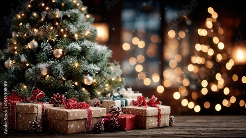 Christmas Tree with Lights and Presents on Wooden Floor, Holiday Background