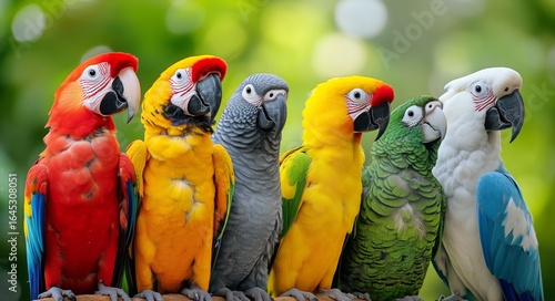Colorful Parrots Gather Together on a Branch in a Vibrant Tropical Setting Du...