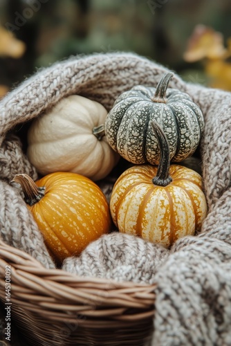 Seasonal Pumpkins in a Woven Basket With Cozy Knit Blanket on Autumn Leaves.