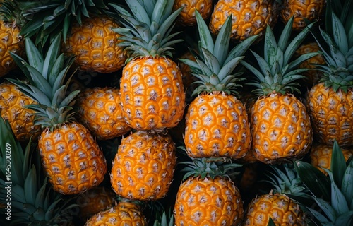 Fresh Ripe Pineapples Stacked in a Vibrant Display at a Local Market During t...