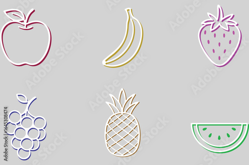 Fruit icons apple banana strawberry grapes pineapple watermelon slice pastel outline