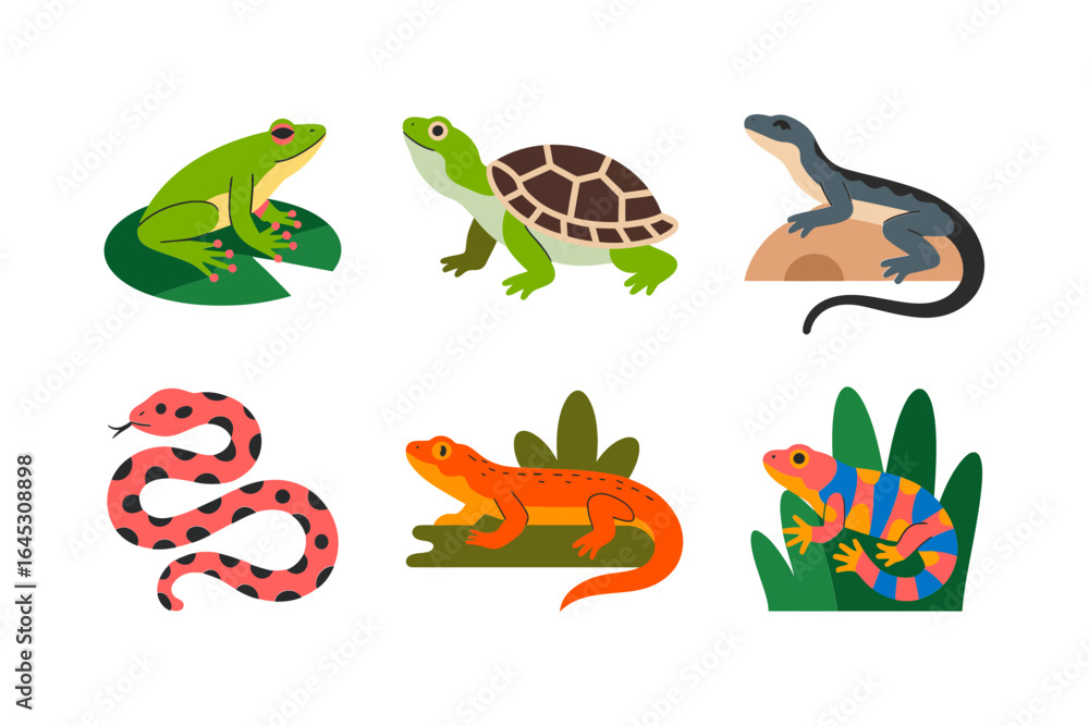 Fototapeta premium Cute frog and turtle character pack, hopping frog sleepy turtle baby salamander, fun animal stickers and labels, storybook vector art