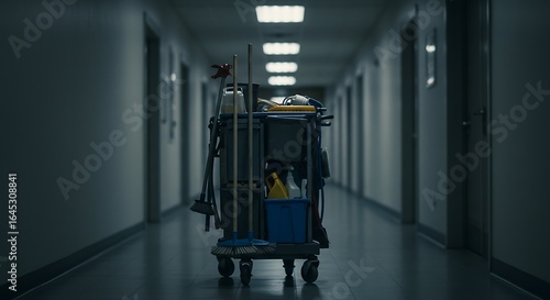 Eerie Stillness: Janitorial Cart in a Long, Symmetrical, Dimly Lit Hallway
