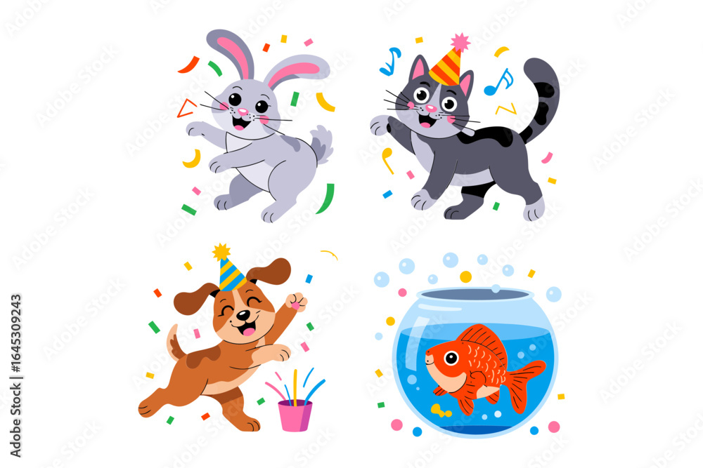Obraz premium Happy pet party character pack, joyful dog cat and goldfish icons, birthday confetti elements, family friendly animal vector