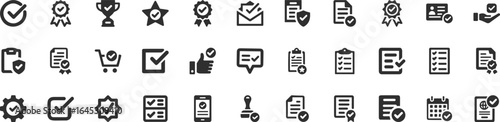 Quality assurance and approval icons set, check marks, badges, trophies, certificates, checklist, thumbs up, verified documents, approval stamps