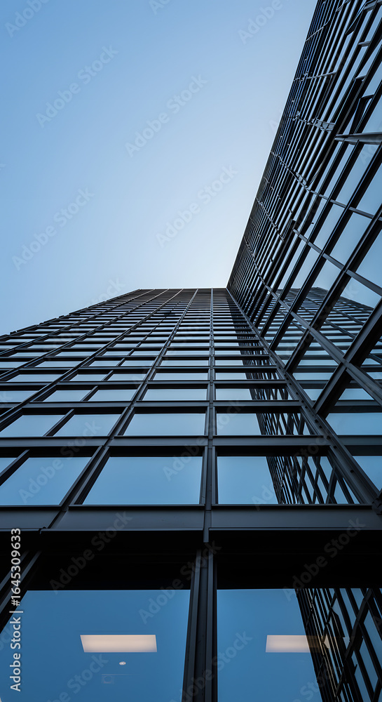 Obraz premium Skyward Gaze: A low-angle perspective of a sleek, modern skyscraper against a clear, cerulean sky, emphasizing its height, geometric design, and architectural details.