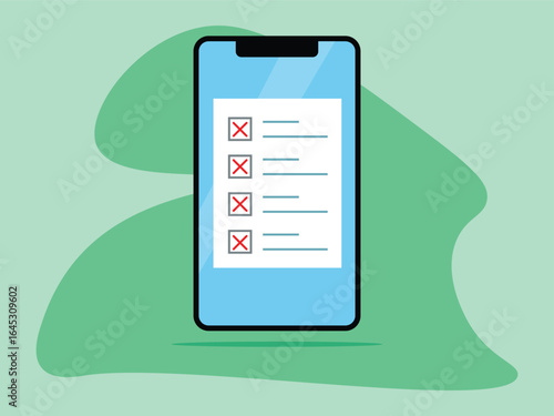 Unfulfilled to-do list document is on the mobile phone screen. Vector illustration.