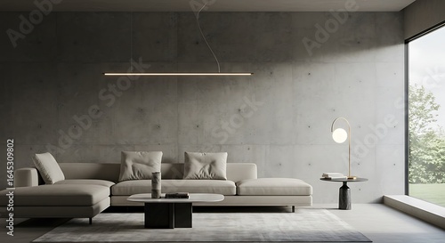 Elegant Brutalist Living Space with Sleek Linear and Globe Lighting