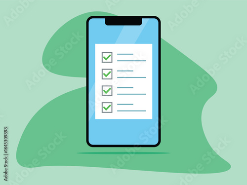 mobile phone screen with document filled checklist in fields marked answers. to do list marked. vector illustration.