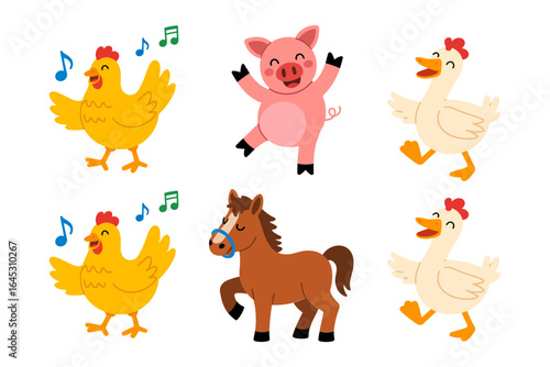 Farmyard party mascot pack, dancing pig chicken horse duck, confetti parade vector, animal parade clipart, childrens activity graphic
