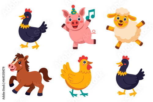 Farm animals party icon set, dancing pig rooster hen horse vector, cute barnyard illustration, kids cartoon clipart, fun farm design