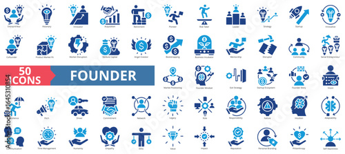 Founder icon set flat style collection. Containing entrepreneur, visionary, innovator, acquisition, retirement, pioneer, risk taker, leader, strategy, startup, investor