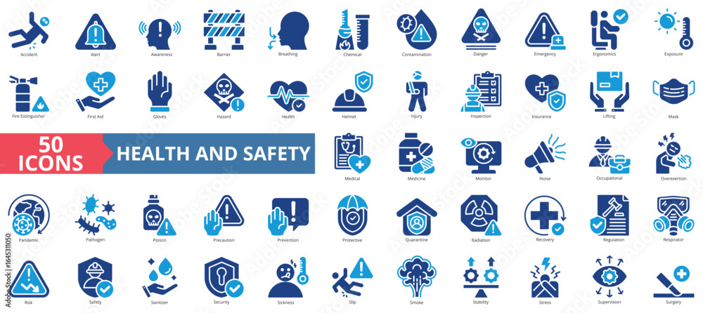 Fototapeta premium Health and safety icon set flat style collection. Containing accident, alert, awareness, barrier, breathing, chemical, contamination, danger, emergency, ergonomics