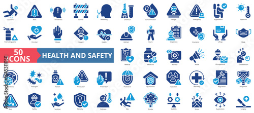 Health and safety icon set flat style collection. Containing accident, alert, awareness, barrier, breathing, chemical, contamination, danger, emergency, ergonomics