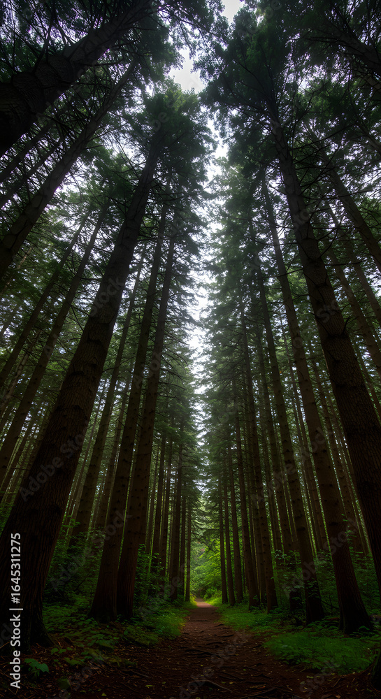 Obraz premium Path of Pines: a view from ground up, looking upward a path winds through a tall forest of towering pine trees creating a scenic, awe-inspiring view and inviting a journey into nature's embrace.