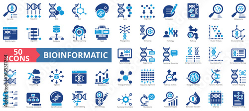Bioinformatic icon set flat style collection. Containing genome, sequence, dna, rna, protein, gene, alignment, annotation, transcriptome, proteome, metabolome