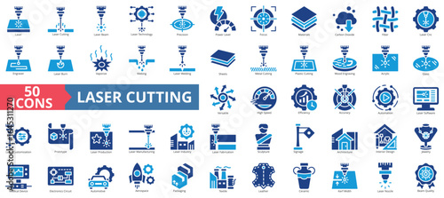 Laser cutting icon set flat style collection. Containing cutting, beam, technology, precision, power level, focus, materials, carbon dioxide, fiber, cnc, engraver