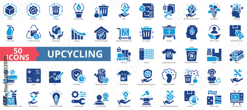 Upcycling icon set flat style collection. Containing reuse, repurpose, recycle, sustainability, waste, eco, materials, crafting, environmental impact, innovation
