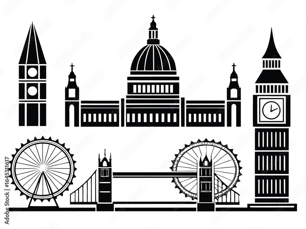 Naklejka premium London skyline, detailed vector illustration showcasing iconic landmarks and cityscape, perfect for travel, tourism, urban design, branding, posters, and creative projects celebrating the capital city