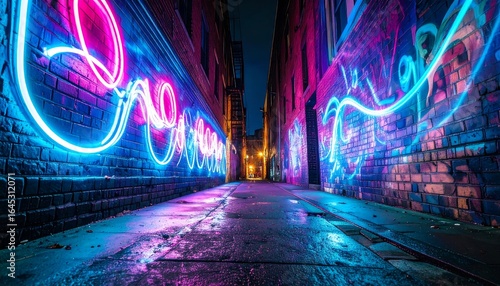 Futuristic city alley illuminated by vibrant neon light painting graffiti.