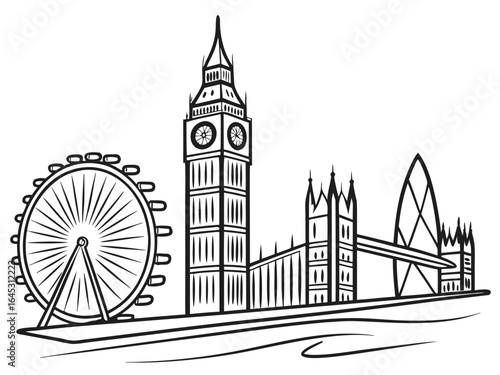 London Single Line Skyline, minimalist vector illustration capturing iconic city landmarks in a continuous line style, perfect for travel designs, urban art, branding, and modern graphic projects.