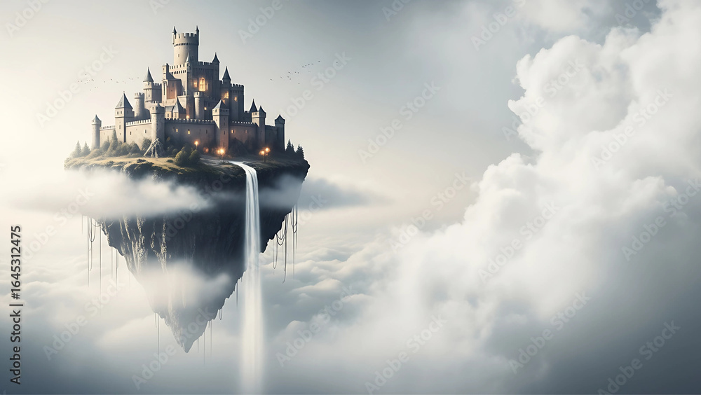 Fototapeta premium Spectacular castle floating above clouds with waterfall, evoking fantasy and wonder, ideal for book covers ,Generated image