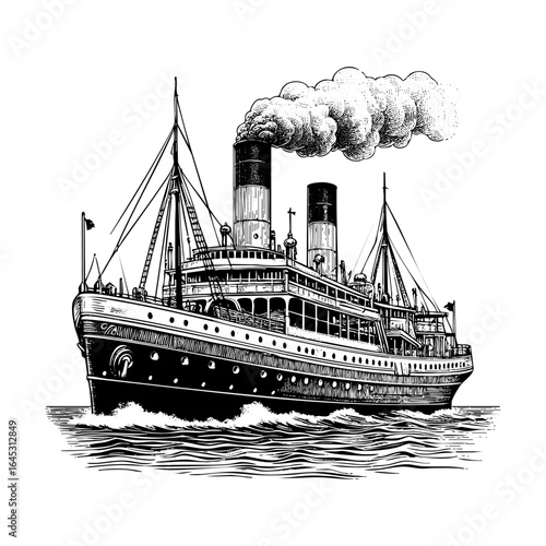 Steamship with america flag waving Black and White Illustration on White Background