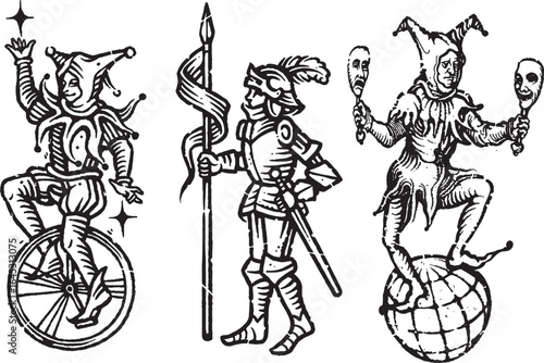 Medieval Joker and Spearman Engraving Vector Illustration