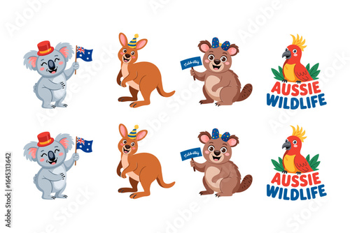 Australian wildlife icon set, koala kangaroo cockatoo vector, national celebration illustration, cute animal clipart, travel australia design elements