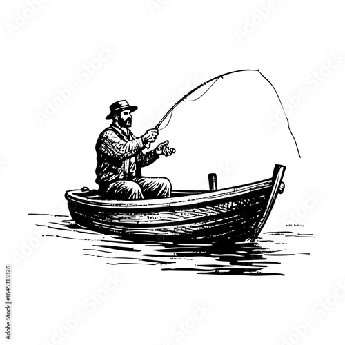 Vector of man wear hat fishing on boat 	illustration silhouette. in monochrome drawing. black on white line art.