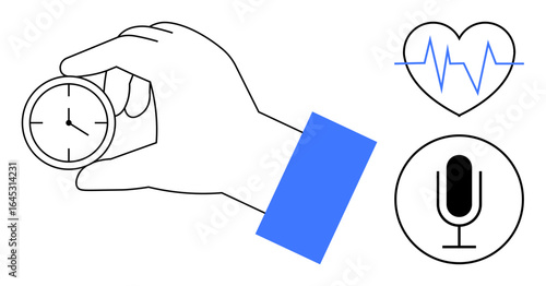 Hand holding a stopwatch, heart with a heartbeat line, and a microphone icon. Ideal for time management, health monitoring, communication, data analysis, fitness tracking, audio recording simple