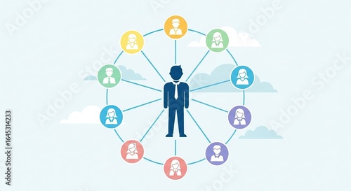 Foto Photo of a central figure surrounded by a network of diverse individuals, repres