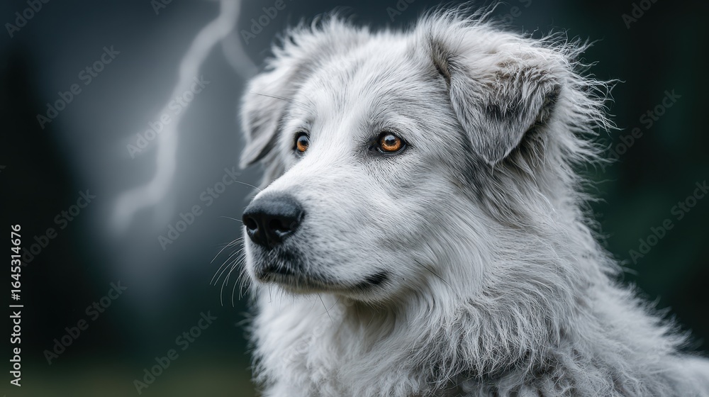Obraz premium Portrait of a Fluffy White Dog with Amber Eyes During a Thunderstorm