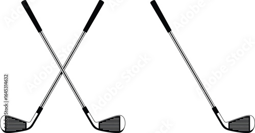 Golf clubs crossed, iron club design, silver shaft, black grip, sports equipment, angled clubhead, golfing gear