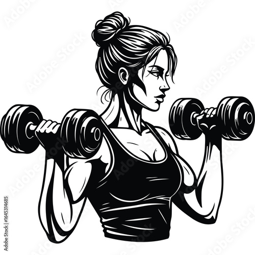 Athletic woman lifting dumbbells in a fitness workout, a vector graphic concept of strength and determination.