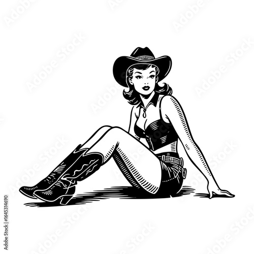 pinup woman sit wear cowboy hat in Black and White Vector Silhouette Illustration