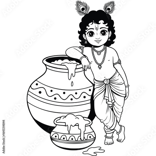 Adorable Krishna Illustration Line Art of Hindu Deity with Butter Pot
