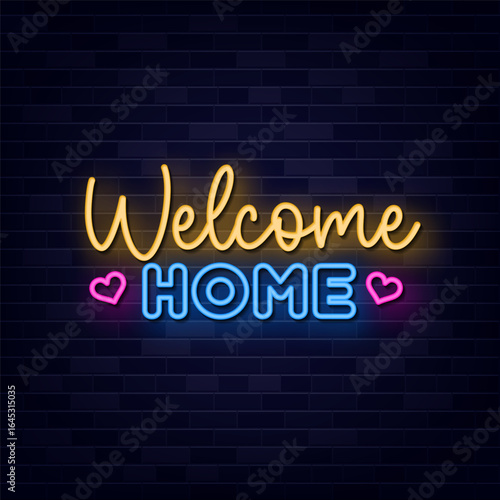 Welcome Home Neon Sign with Brick Wall Background