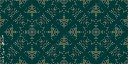 Luxury linear floral ornament. Subtle golden seamless pattern with abstract outline flower silhouettes, foliage. Green and gold minimal design. Geometric vector background in damask, oriental style
