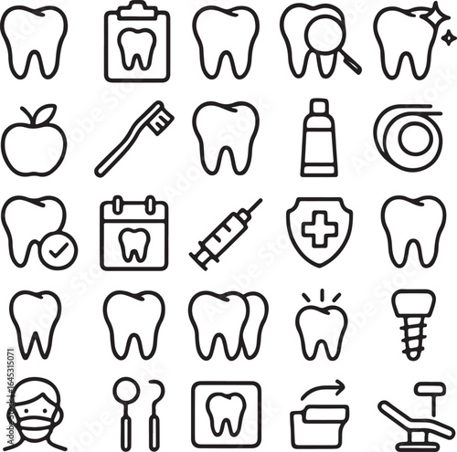 Collection of dental hygiene and care icons representing oral health tooth treatment and dentist services with a clean and modern aesthetic