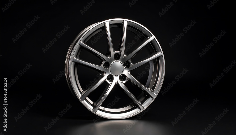 Obraz premium Sleek Silver Alloy Wheel Isolated on a Dark Reflective Surface in Studio Shot