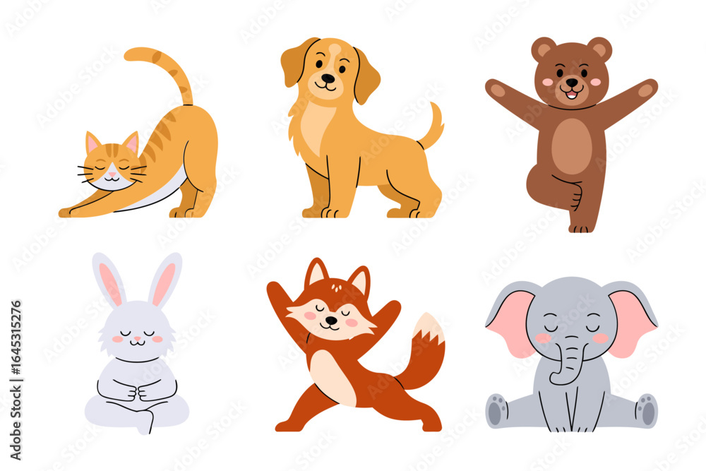 Fototapeta premium Cute yoga animal icons, cat dog rabbit fox elephant bear vector, meditation pose illustration, kids mindfulness clipart, playful fitness design