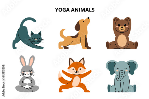 Yoga animals collection, playful cat dog fox rabbit bear elephant vector, stretching and breathing pose illustration, wellness clipart, kids activity design