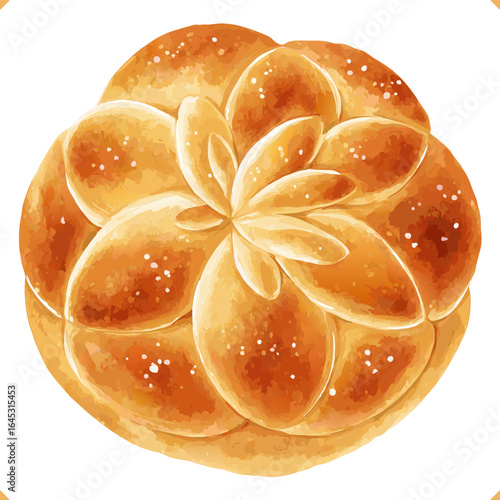 Vector illustration of a bread roll on white background, flatlay, top view. Vector illustration of traditional bakery on white background