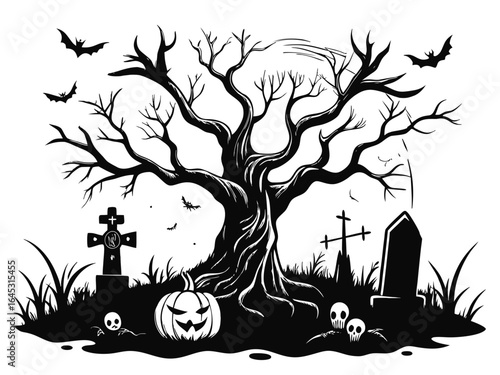 Haunted tree with lantern and grave silhouette, perfect for spooky Halloween designs, eerie illustrations, horror themes, gothic art, dark fantasy projects, and mysterious seasonal decorations.