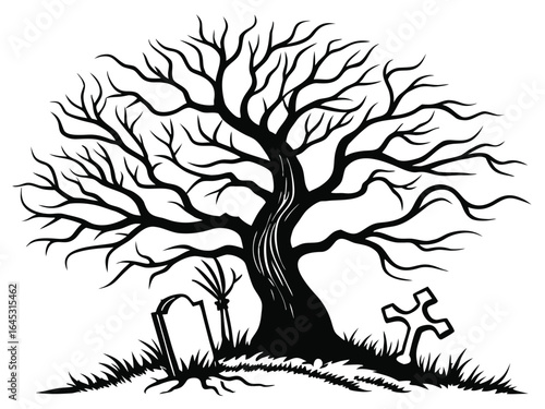 Haunted tree with lantern and grave silhouette, perfect for spooky Halloween designs, eerie illustrations, horror themes, gothic art, dark fantasy projects, and mysterious seasonal decorations.
