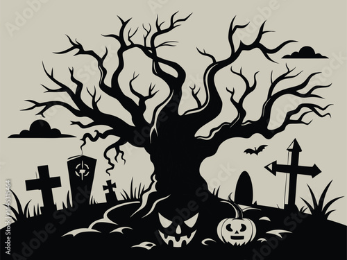Haunted tree with lantern and grave silhouette, perfect for spooky Halloween designs, eerie illustrations, horror themes, gothic art, dark fantasy projects, and mysterious seasonal decorations.