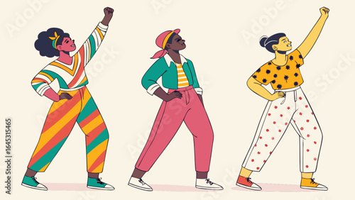 Illustration of diverse women celebrating empowerment and unity with raised fists and colorful attire
