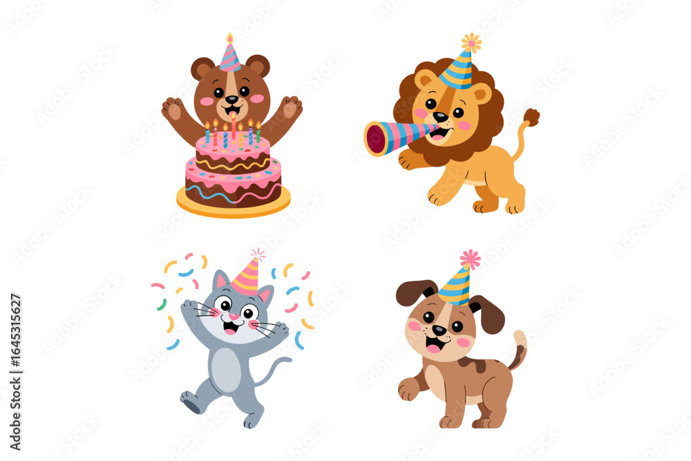 Naklejka premium Pet party mini set, playful kitten and puppy with cake and confetti, joyful character icons, whimsical vector artwork, sticker pack